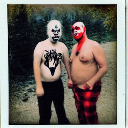 Image similar to found polaroid photo of juggalo trash humpers, wtf