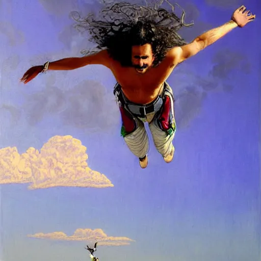 Image similar to egyptian man with long curly hair skydiving, dreamy clouds, pastel tones, by jose miguel roman frances