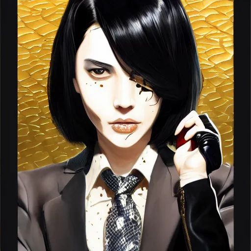 Image similar to Goro Majima as slim girl, gold suit jacket in snake print, black leather gloves, short black hair, black eye patch, elegant, 2d, ultra highly detailed, digital painting, smooth, sharp focus, artstation, art by Ilya Kuvshinov