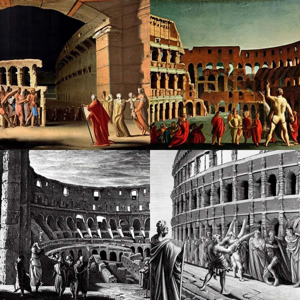 Prompt: Julius Caesar watches the launch of the first Roman space rocket at the Colosseum,