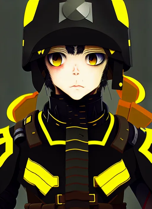 Prompt: anime portrait of a vicious helldiver scout soldier, black armor with yellow accents, closeup on face, ilya kuvshinov, anime, pixiv top monthly, trending on artstation, cinematic, danbooru, zerochan art, kyoto animation
