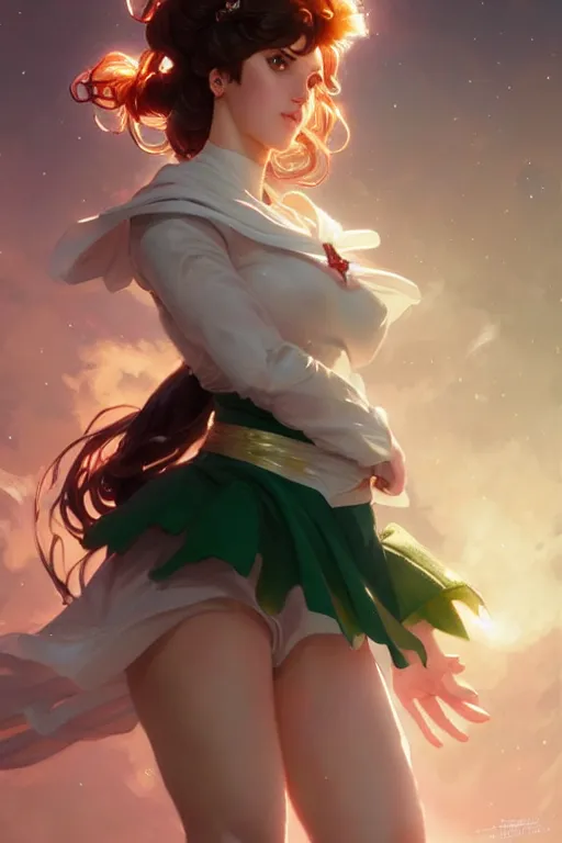 Image similar to Sailor Jupiter, fantasy, intricate, elegant, highly detailed, digital painting, artstation, concept art, matte, sharp focus, illustration, art by Artgerm and Greg Rutkowski and Alphonse Mucha