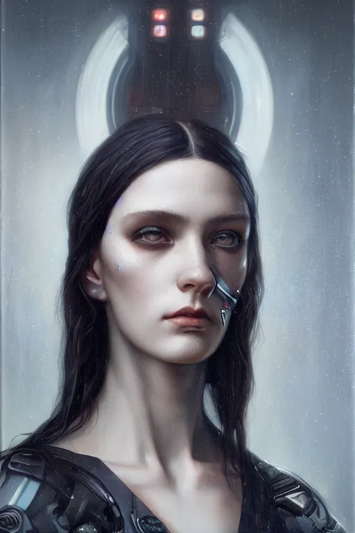 Image similar to a beautiful portrait of a cyberpunk female, detailed, realistic eyes, symmetry body features proportions, award winning, by Tom Bagshaw