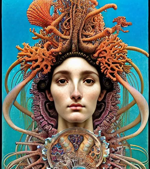 Image similar to hyperrealistic detailed face side portrait of the beautiful goddess of the fish skeletons with an intricate headgear of corals, sea kelp, sea plants, fish, starfish, jellyfish, art by ernst haeckel, john william godward, android jones, alphonso mucha, h. r. giger, gothic - cyberpunk, ornamental, beautiful deep colours,