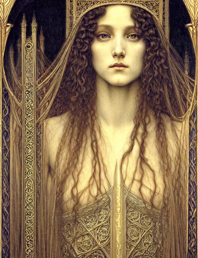 Image similar to detailed realistic beautiful young medieval queen face portrait by jean delville, gustave dore and marco mazzoni, art nouveau, symbolist, visionary, gothic, pre - raphaelite. horizontal symmetry