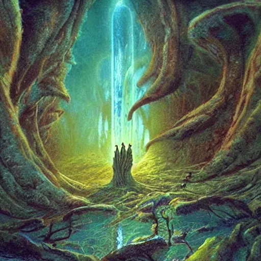 Image similar to artistic digital artwork of an epic natural scene on an alien planet. beautiful landscape by vincent bons, michael whelan and remedios varo. grainy and rough. interesting pastel colour palette. beautiful light. oil and water colour based on high quality render.