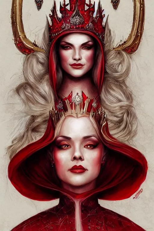 Prompt: beautiful evil queen, blonde, red gown, throne, wearing crown, highly detailed, d & d, fantasy, portrait, highly detailed, headshot, digital painting, trending on artstation, concept art, sharp focus, illustration, art by artgerm and greg rutkowski and magali villeneuve