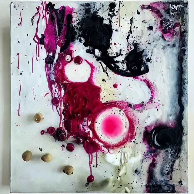 Image similar to “ sensual, neo - expressionism, surrealism, a portrait in a female art student ’ s apartment, pancakes, iced latte, berries, art supplies, a candle dripping white wax, berry juice drips, acrylic and spray paint and oilstick on canvas ”