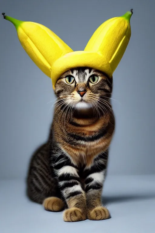 Image similar to realistic photo of an adorable cat wearing a banana hat, highly detailed,