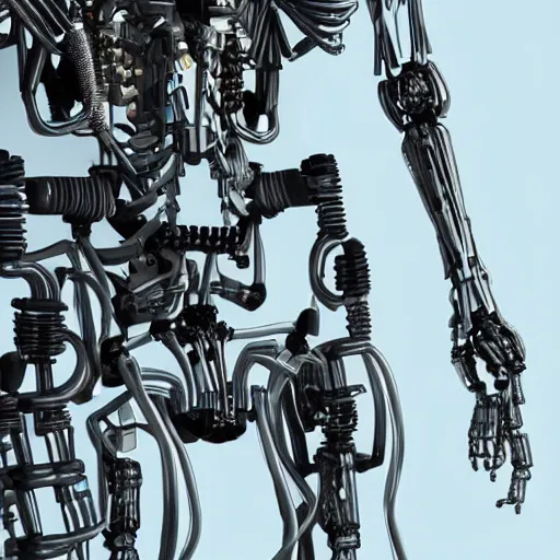 Prompt: detailed cybernetic endoskeleton made of titanium in a bright room