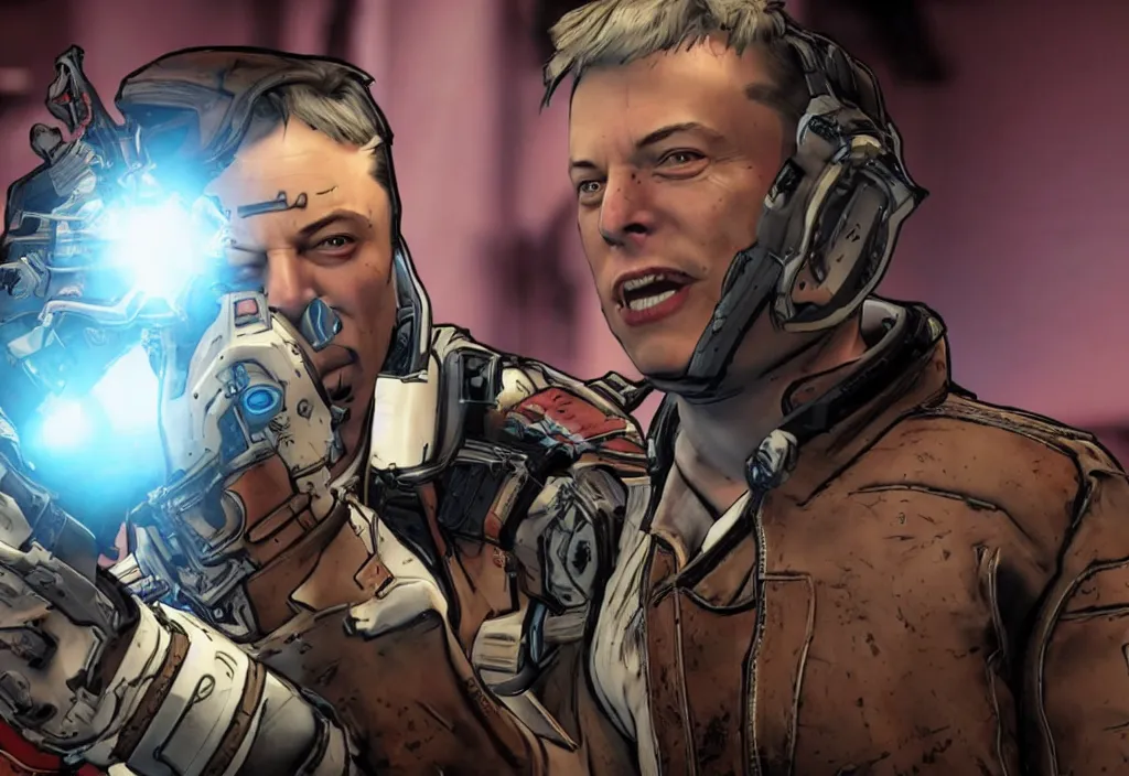 Image similar to elon musk in borderlands elon musk in the video game borderlands, gameplay screenshot, close up, 3 d rendering. unreal engine. amazing likeness. very detailed.