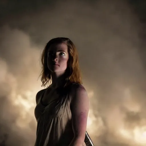 Image similar to bree williamson as the goddess of war. movie still. sinister atmospheric lighting. highly detailed, ground mist