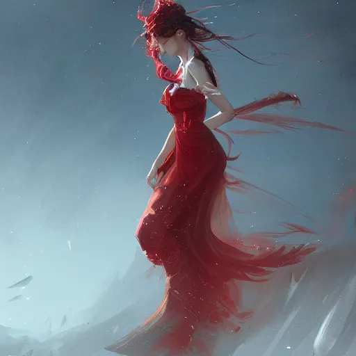 Image similar to a woman with red long dress balancing with wind in a glamor scene, highly detailed, illustration, fantasy art, in the style of greg rutkowski, epic, fantasy, intricate, hyper detailed, artstation, concept art, smooth, sharp focus, ray tracing