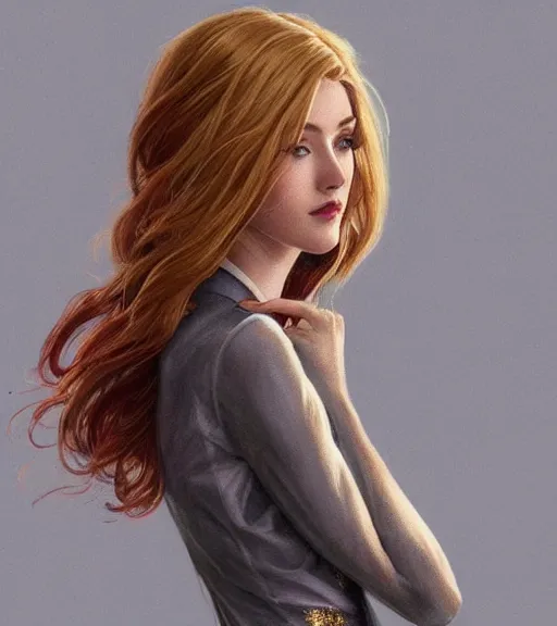 Prompt: katherine mcnamara wearing a golden dress, grey hair, red necktie, cinematic, stunning, highly detailed, digital painting, artstation, smooth, hard focus, full body shot, illustration, art by artgerm and greg rutkowski and alphonse mucha