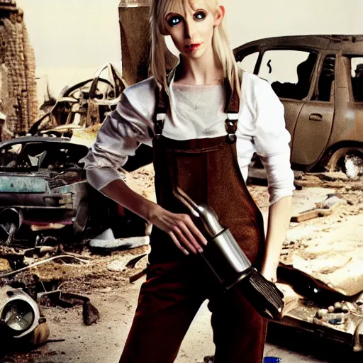 Image similar to a skinny female high-fantasy elf with a long face narrow chin and short spiky blonde hair wearing dark brown overalls and holding a bomb next to a destroyed car, gel spiked blond hair, small ears, narrow lips, high resolution film still, HDR color