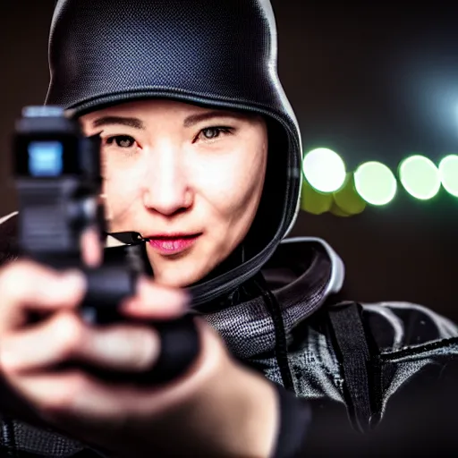 Image similar to photographic portrait of a techwear woman presenting a bullet, closeup, on the rooftop of a futuristic city at night, sigma 85mm f/1.4, 4k, depth of field, high resolution, full color, award winning photography