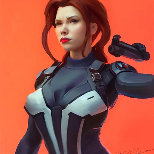 Image similar to greg manchess portrait painting of black widow as overwatch character, medium shot, asymmetrical, profile picture, organic painting, sunny day, matte painting, bold shapes, hard edges, street art, trending on artstation, by huang guangjian and gil elvgren and sachin teng