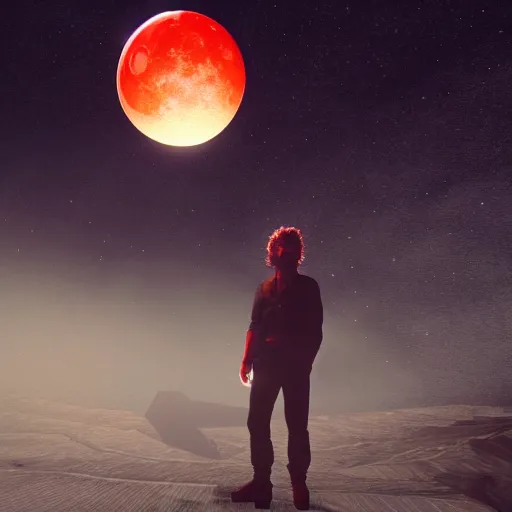 Prompt: gustavo cerati playing on the red moon, digital art, highly detailed, render unreal engine,