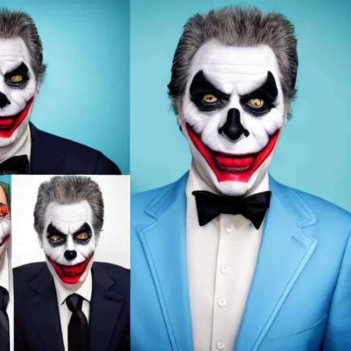 Prompt: Mauricio Macri in Elaborate Joker Makeup and prosthetics designed by Rick Baker, Hyperreal, Head Shots Photographed in the Style of Annie Leibovitz, Studio Lighting, Mauricio Macri with an angry cat in his hand n 6