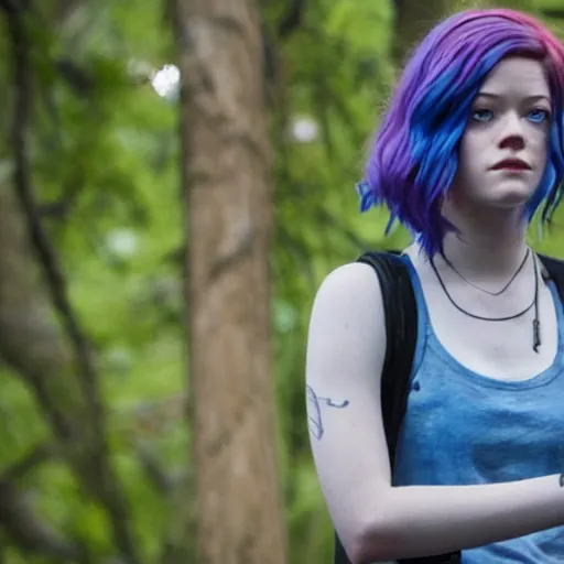 Image similar to jane levy as chloe price with blue hair in a live action movie adaptation of life is strange, highly detailed, high quality, hd, 4 k, 8 k, canon 3 0 0 mm, professional photographer, 4 0 mp, lifelike, top - rated, award winning