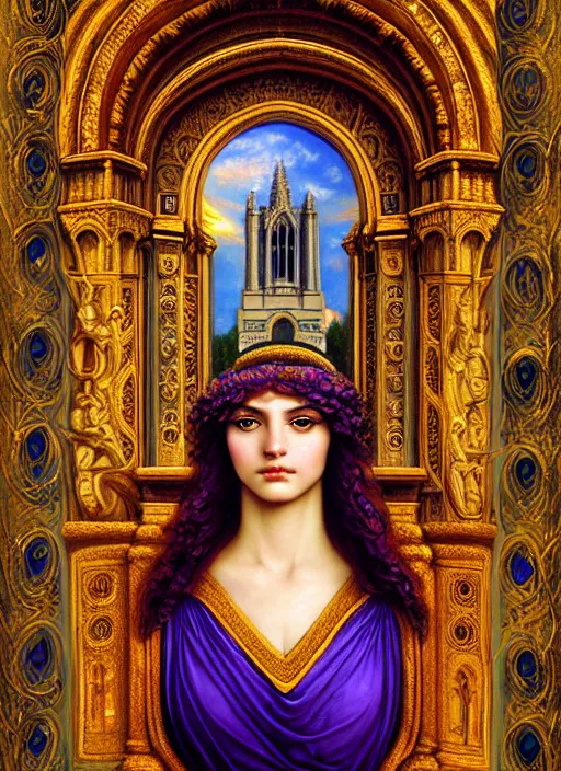 Image similar to portrait of a beautiful young goddess' face merging with a cathedral building, unusual beauty, etheric, outworldly colours, emotionally evoking symbolic metaphors, head in focus, fantasy, ornamental, intricate, elegant, highly detailed digital painting, artstation, concept art, painterly, golden ratio, sharp focus, illustration, art by John William Godward and Zdzisław Beksiński,