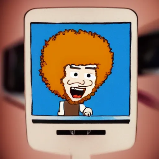 Image similar to a tiny screaming angry bob ross running your in rear view mirror