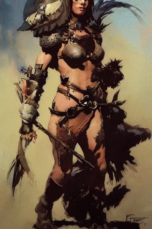 Image similar to a portrait of a cute warrior girl by frank frazetta and ross tran