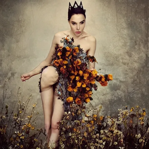 Image similar to full body fine art photo of the beauty gal gadot, she has a crown of dried flowers and is wearing a fashion conceptaul dress made of dried roses, taken by oleg oprisco