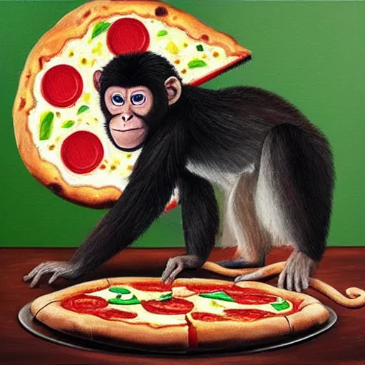 Prompt: ' oil painting of a monkey going to the elections, pizza in the ballot'