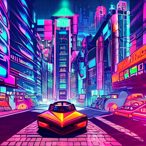 Image similar to a cyberpunk corgi in a futuristic city, flying cars, neon lights, synthwave, digital illustration