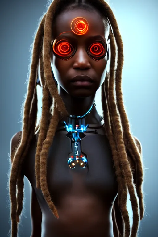 Image similar to a very detailed portrait of a young cyberpunk Africanchild with dreadlocks, biot ech, machine, photorealistic, highly detailed rendering with a cyberpunk style_ robotic arms MetaHuman, unreal engine, defined cheekbones, dramatic cinematic lighting