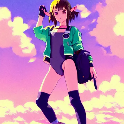 Image similar to beautiful boyish natalie portman gravure model in majora's mask, wearing big mayan bomber jacket with overalls and leotard, big bomber jacket with subtle mayan patterns, aztec bathing suit, gapmoe yandere grimdark, trending on pixiv fanbox, painted by greg rutkowski makoto shinkai takashi takeuchi studio ghibli, akihiko yoshida