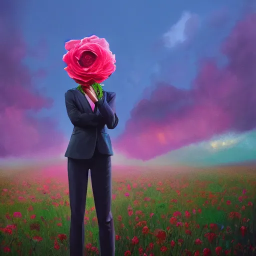Prompt: closeup, giant rose flower head, portrait, a girl in a suit, surreal photography, sunrise, blue sky, dramatic light, impressionist painting, digital painting, artstation, simon stalenhag