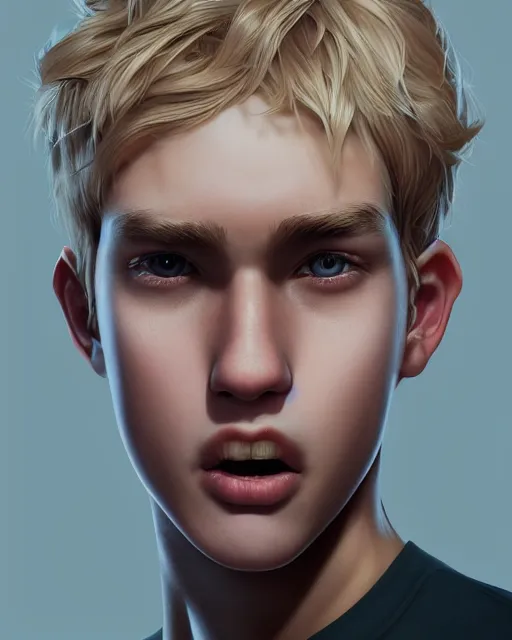 Image similar to portrait of 1 5 - year - old boy with blonde hair, round - face, with long toothed, hyper realistic face, beautiful eyes, character art, art by artgerm lau and wlop and and ilya kuvshinov and john singer sargent, hyperdetailed, symmetrical, cryengine, trending on artstation, digital art