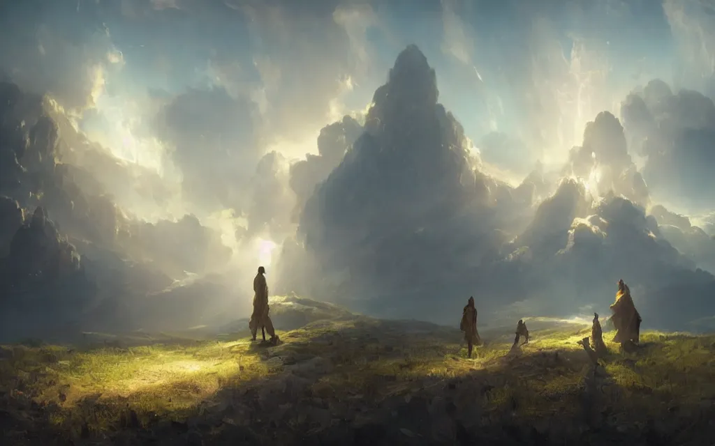 Prompt: ta ha, volumetric lighting, highly detailed, by greg rutkowski, complementing colors, god looking at me, lofty heavens, holy man looking at ground