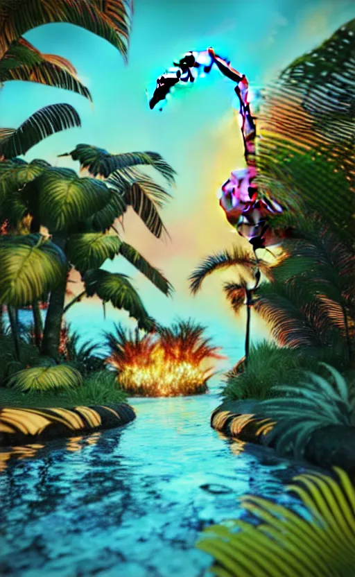 Image similar to unreal engine 5 8 k uhd render of an flamingocore tropicalwave junglepunk abstrafractalmancer, photorealistic, animal photography, photo safari, fashion shoot, lush tropical surroundings, volumetric lighting, sunlight, 1 0 5 mm lens