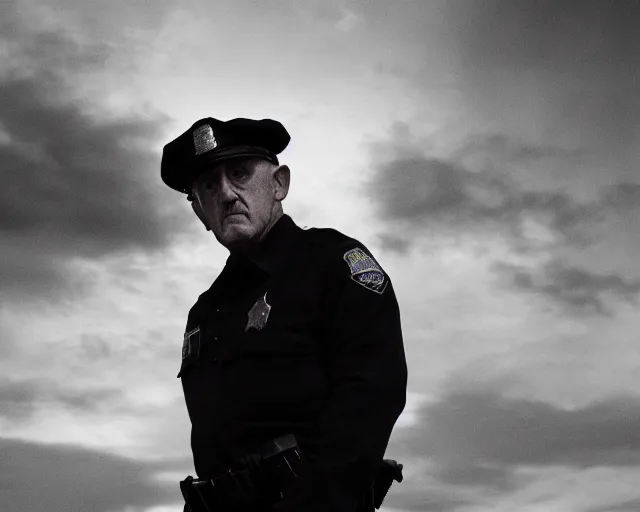 Image similar to mike ehrmantraut as a police officer, cinematic lighting, atmospheric portrait cinematography