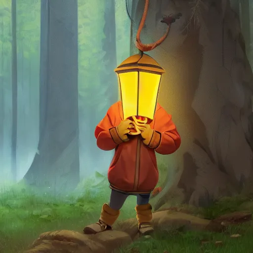 Image similar to concept art painting of an anthropomorphic chipmunk wearing a yellow cloak, holding a lantern, in the deep forest, realistic, detailed, cel shaded, in the style of makoto shinkai and greg rutkowski and james gurney