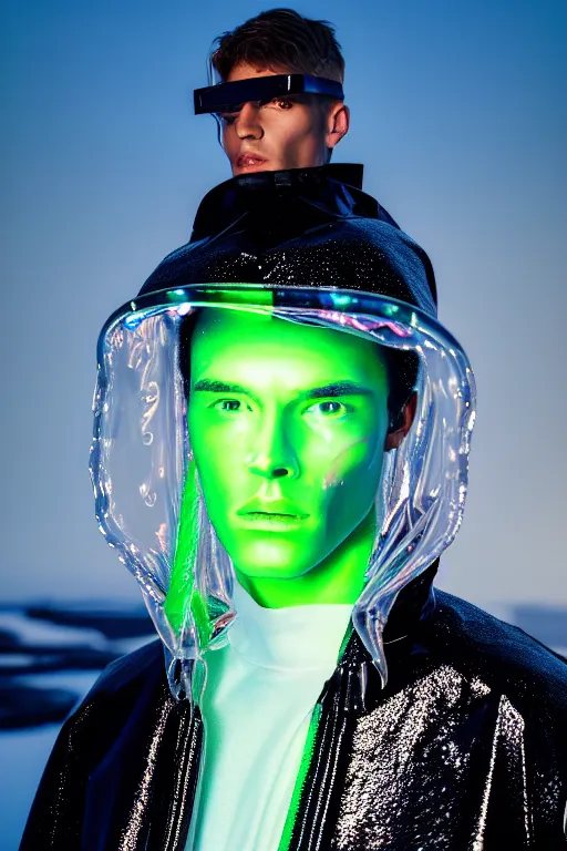 Image similar to an ultra high definition professional high fashion portrait studio full length photograph of a male model wearing a transparent pearlescent raincoat and neon visor in an icelandic black rock environment at dawn. no artefacts. extremely detailed. stark. refraction. shallow depth of field. volumetric light and shadow. ray tracing. light rays.