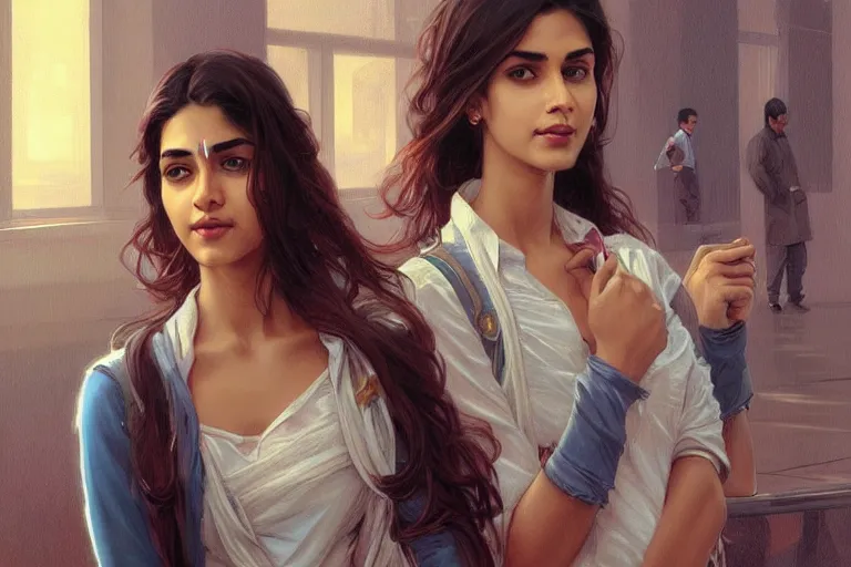 Image similar to Sensual good looking pale young Indian doctors wearing jeans in an airport, portrait, elegant, intricate, digital painting, artstation, concept art, smooth, sharp focus, illustration, art by artgerm and greg rutkowski and alphonse mucha