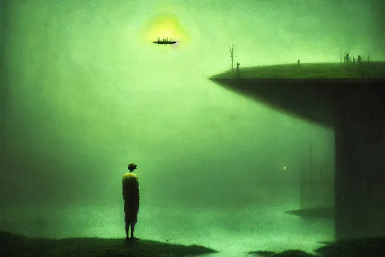 Image similar to man standing on the pier against flyflies and big trees, in the style of beksinski, solarpunk, atmospheric, clean, intricate and epic composition, green by caravaggio, insanely quality, highly detailed, masterpiece, blue light, artstation, 4 k