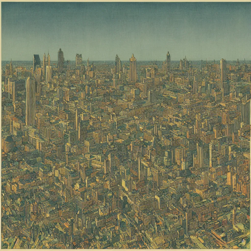 Image similar to highly detailed illustration of the milwaukee skyline, by edmund dulac and android jones, scans from museum collection