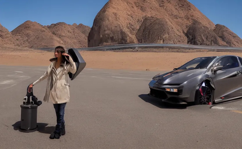 Image similar to photograph of a cell-shaded Honda EK9 Type-R, a techwear woman standing looking off into the distance, on a desert road with a futuristic city in the horizon, one point perspective, 1-point perspective, tilt shift, sigma 85mm f/1.4, 4k, depth of field, high resolution, 4k, 8k, hd, full color, octane render