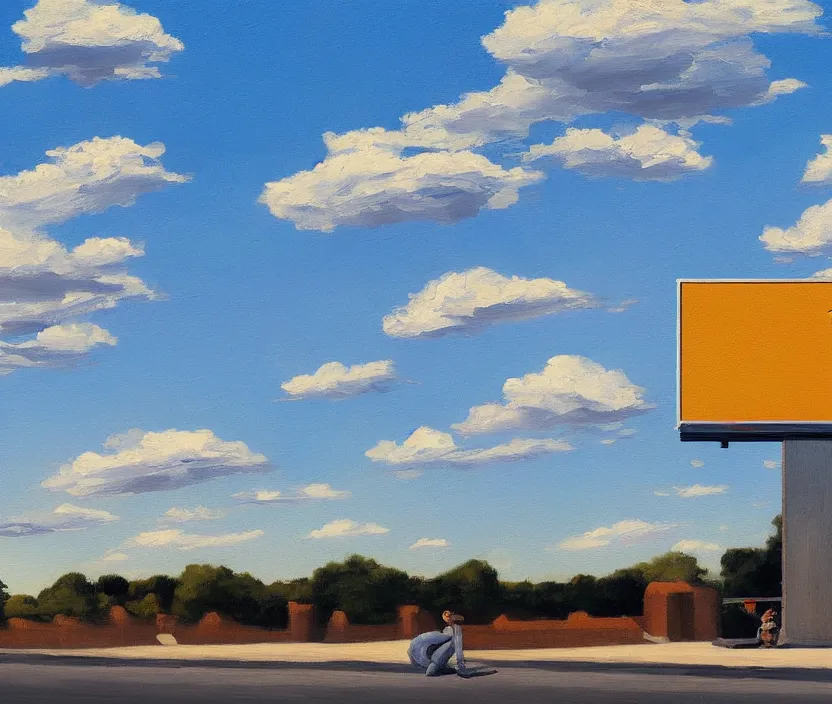 Image similar to a very detailed painting of one big standing billboard, baby blue sky with very aesthetic stylized clouds, in the style of edward hopper, very small brushstrokes, 4 k,