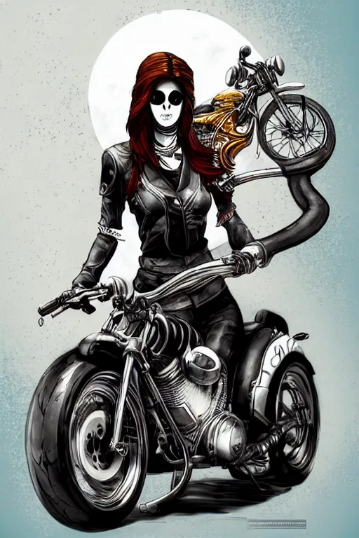 Image similar to woman ride skull motorcycle, high definition, 8 0 m. m lens, realistic, art by jacqueline e, mongezi ncaphayi, color by bo feng lin, trending deviantart