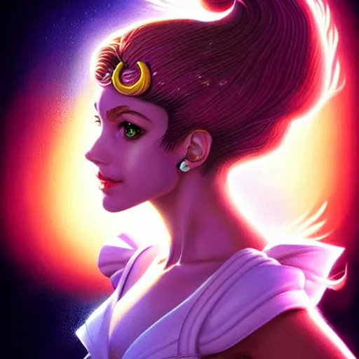 Prompt: head and shoulders Portrait of Sailor Moon, dark fantasy, medium shot, intricate, elegant, highly detailed, digital painting, volumetric light, artstation, concept art, smooth, sharp focus, illustration, art by Greg Hildebrandt