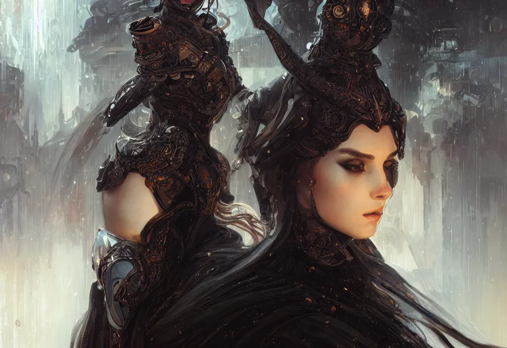 Image similar to portrait knights of zodiac girl + smoky eyes, black fire color reflected armor, in ruined agora of athens rainy night, ssci - fi and fantasy, intricate and very beautiful and elegant, highly detailed, digital painting, artstation, concept art, smooth and sharp focus, illustration, art by tian zi and wlop and alphonse mucha