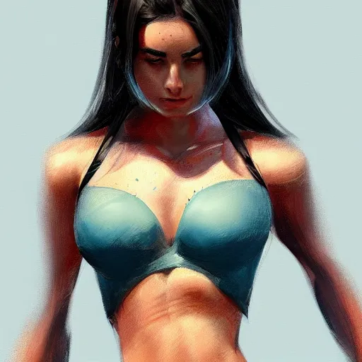 Image similar to a girl wearing a crop top, highly detailed, digital painting, artstation, concept art, smooth, sharp focus, illustration