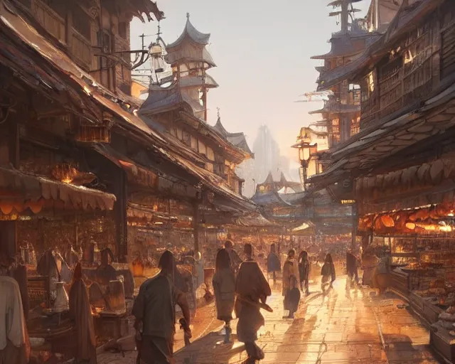 Prompt: bustling marketplace in a great kitsune city, a fantasy digital painting by Greg Rutkowski and James Gurney, trending on Artstation, golden hour, highly detailed