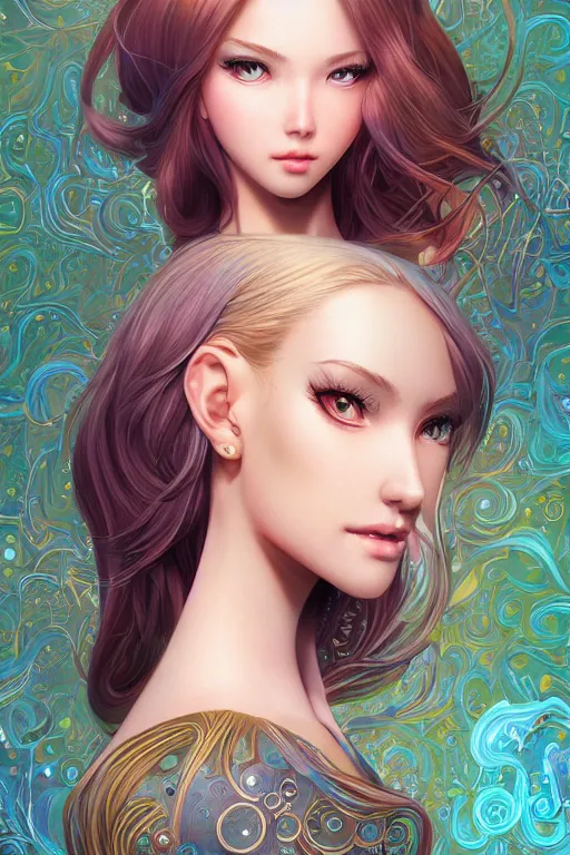 Image similar to intricate, richly detailed colored 3 d illustration of a beautiful ornated cute woman with long metallic gem hair background with completely rendered reflections, art by range murata and artgerm highly detailed, digital painting, trending on artstation